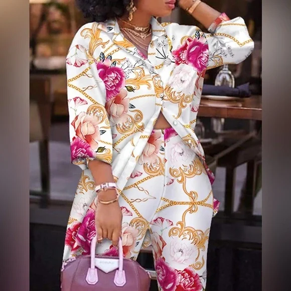 🟡 Print Lantern Sleeve Top High Waist Pants Set